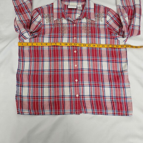 Alfred Dunner Red Plaid Rhinestone Accent Button Front 3/4 Sleeve Blouse Size 16 - Picture 11 of 13